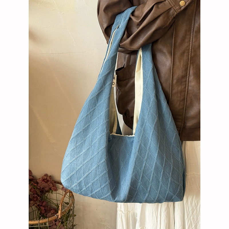 Casual Quilted Denim Shoulder Tote Bag - Everyday Style