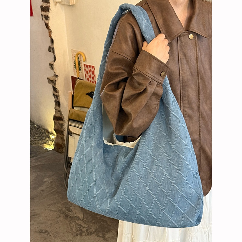 Casual Quilted Denim Shoulder Tote Bag - Everyday Style