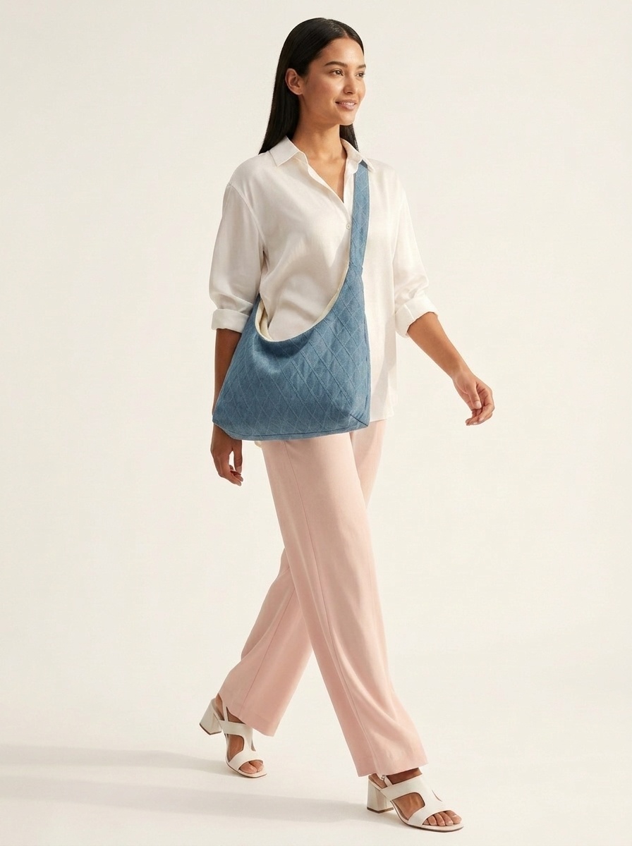 Casual Quilted Denim Shoulder Tote Bag - Everyday Style