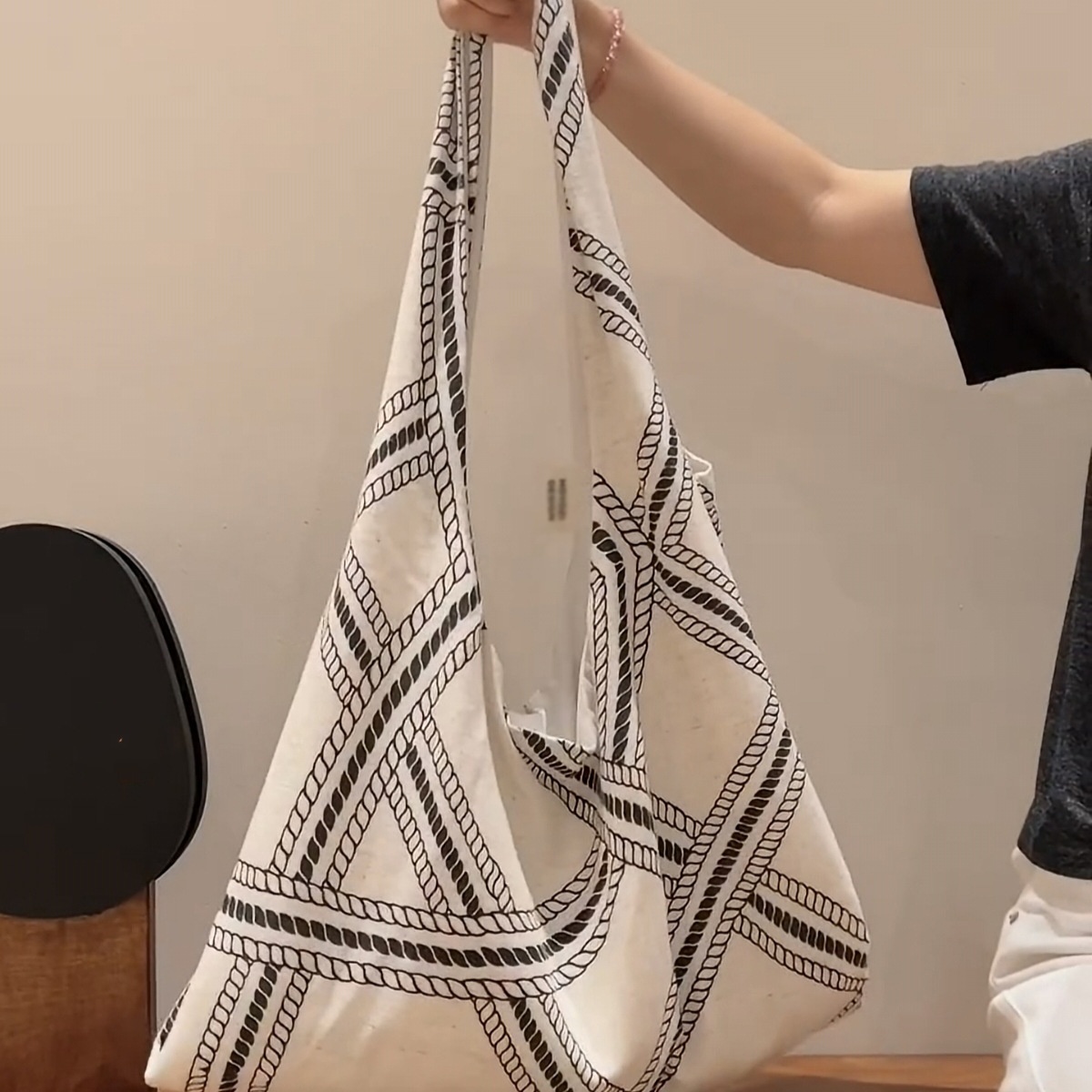 Rope Print Canvas Hobo Bag - Slouchy Shoulder Tote