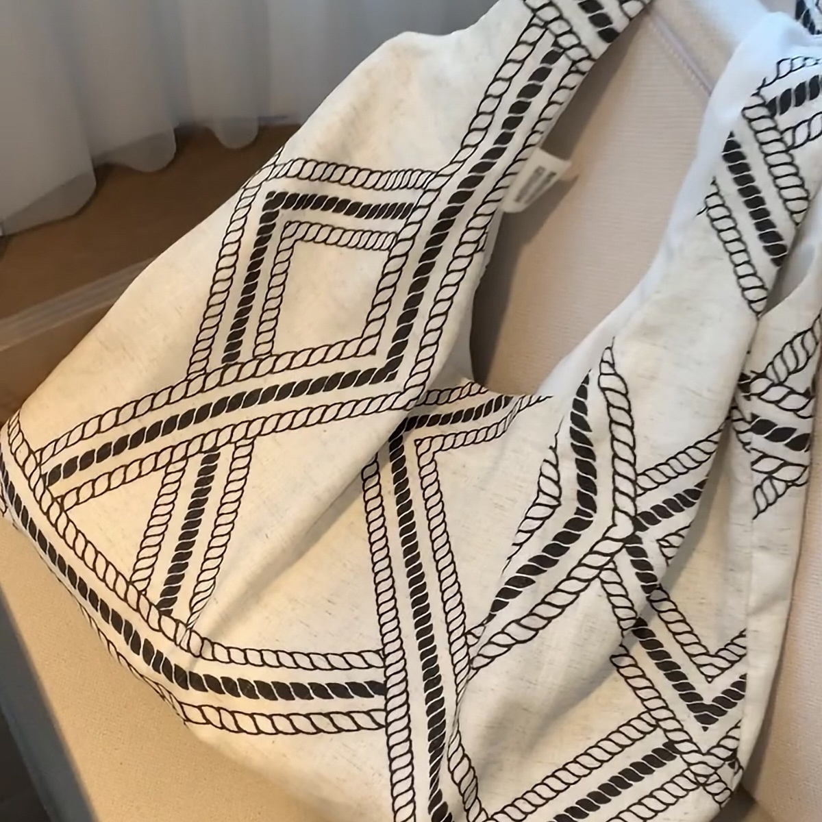 Rope Print Canvas Hobo Bag - Slouchy Shoulder Tote