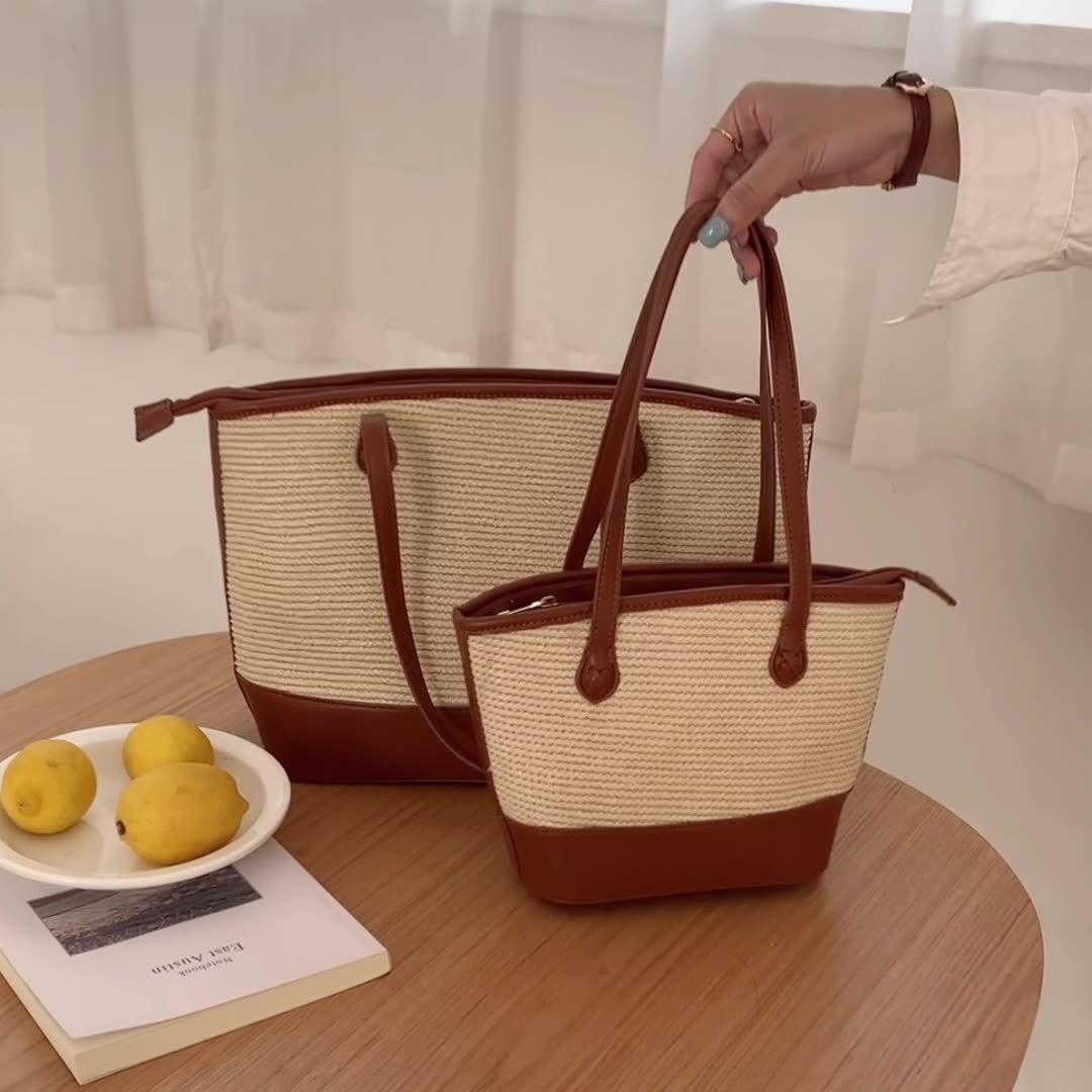 Chic Straw & Faux Leather Tote Bag - Small & Large Sizes