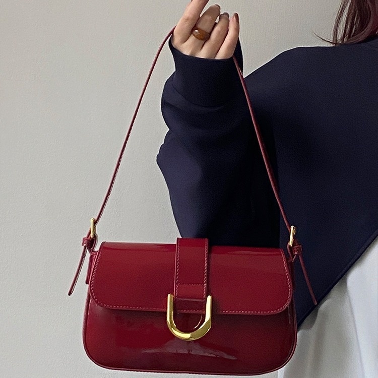 Sleek Patent Flap Shoulder Bag with Gold Hardware