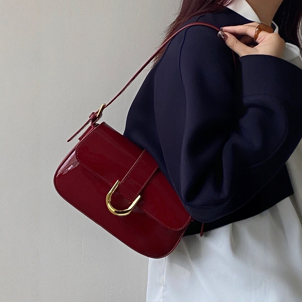 Sleek Patent Flap Shoulder Bag with Gold Hardware