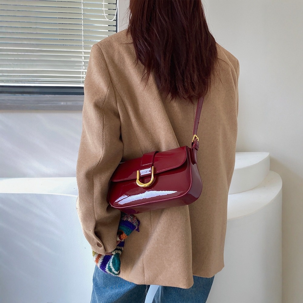 Sleek Patent Flap Shoulder Bag with Gold Hardware