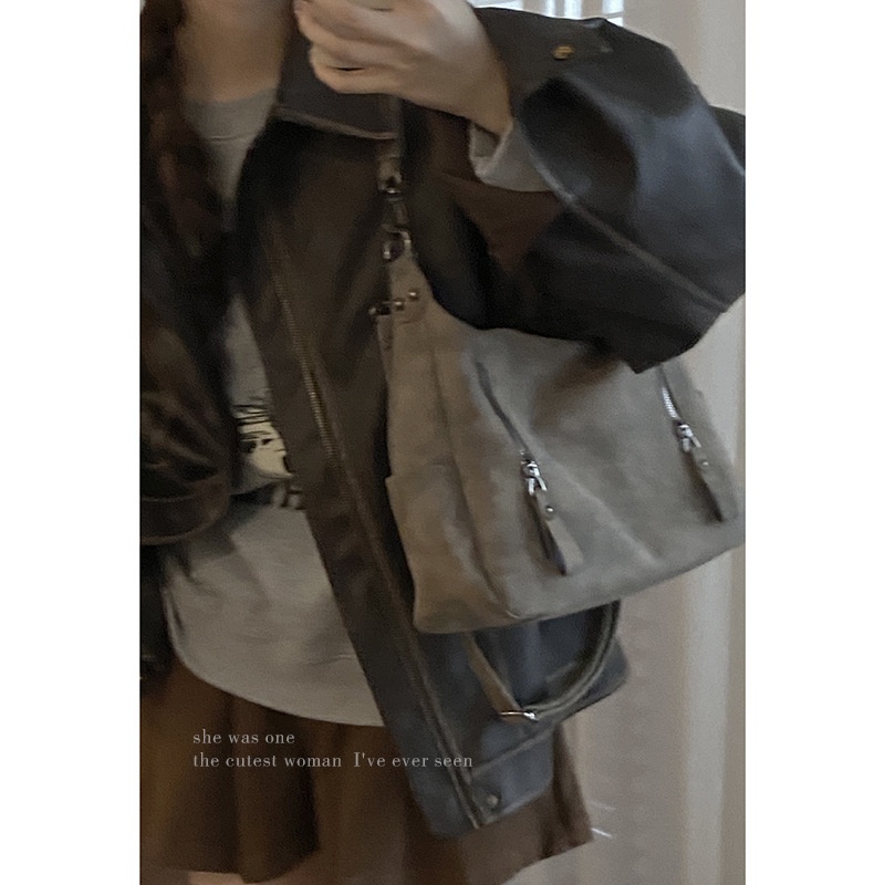 Soft Suede-Effect Hobo Shoulder Bag with Zippers