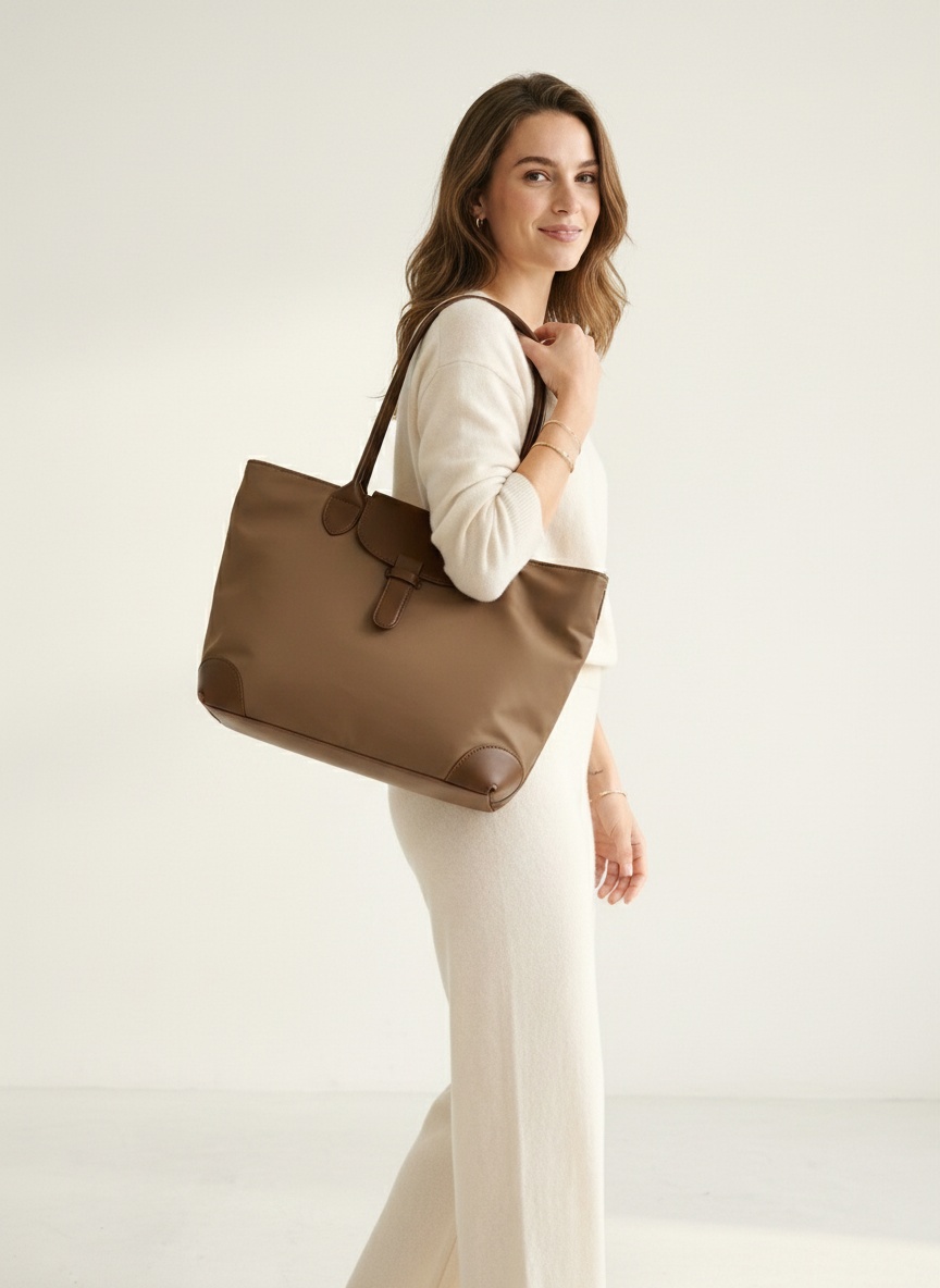 Chic Nylon & Faux Leather Shoulder Tote Bag