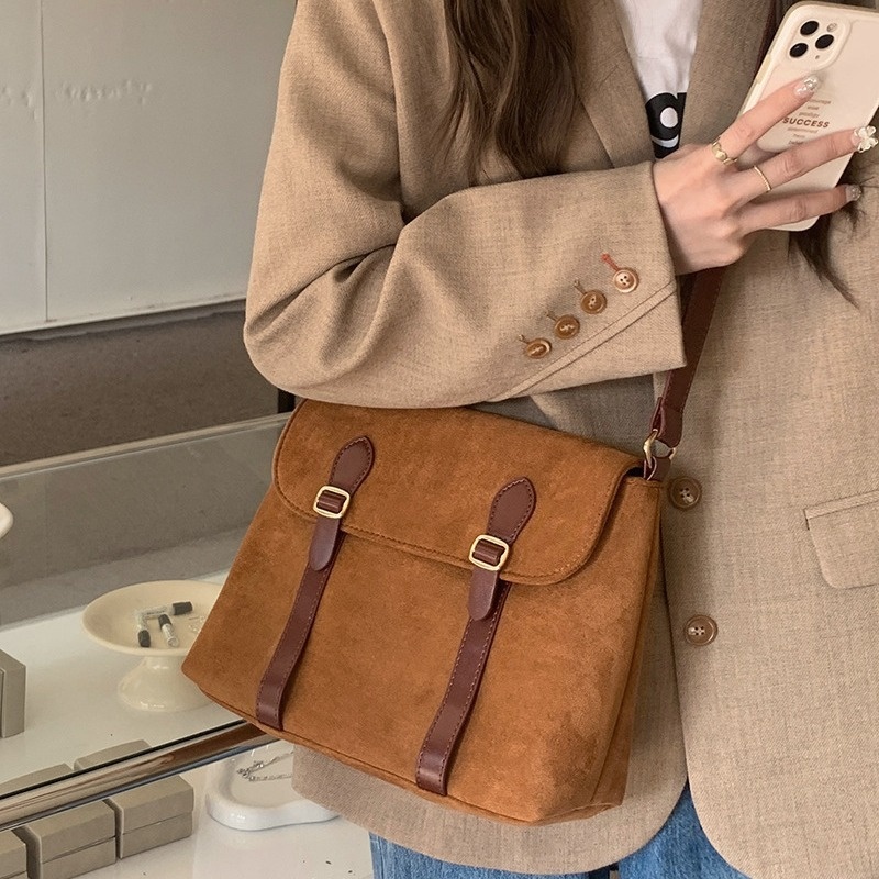 Vintage Suede-Look Buckle Crossbody Bag