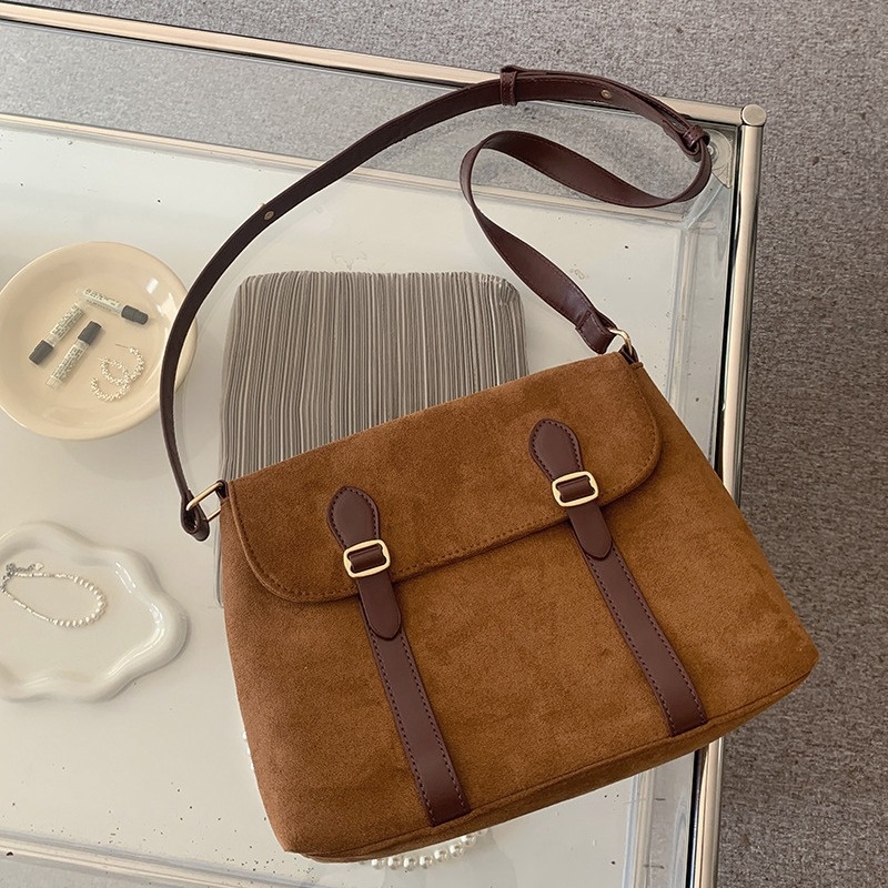 Vintage Suede-Look Buckle Crossbody Bag