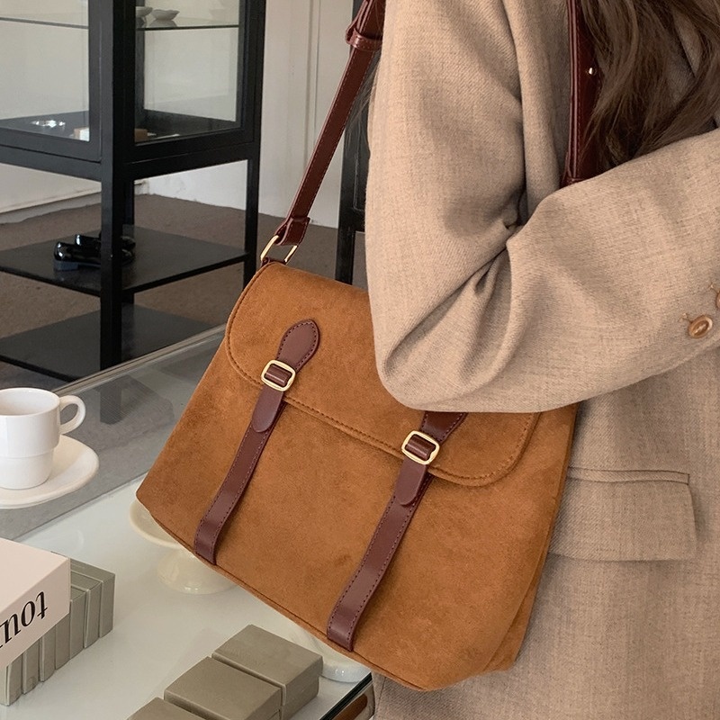 Vintage Suede-Look Buckle Crossbody Bag