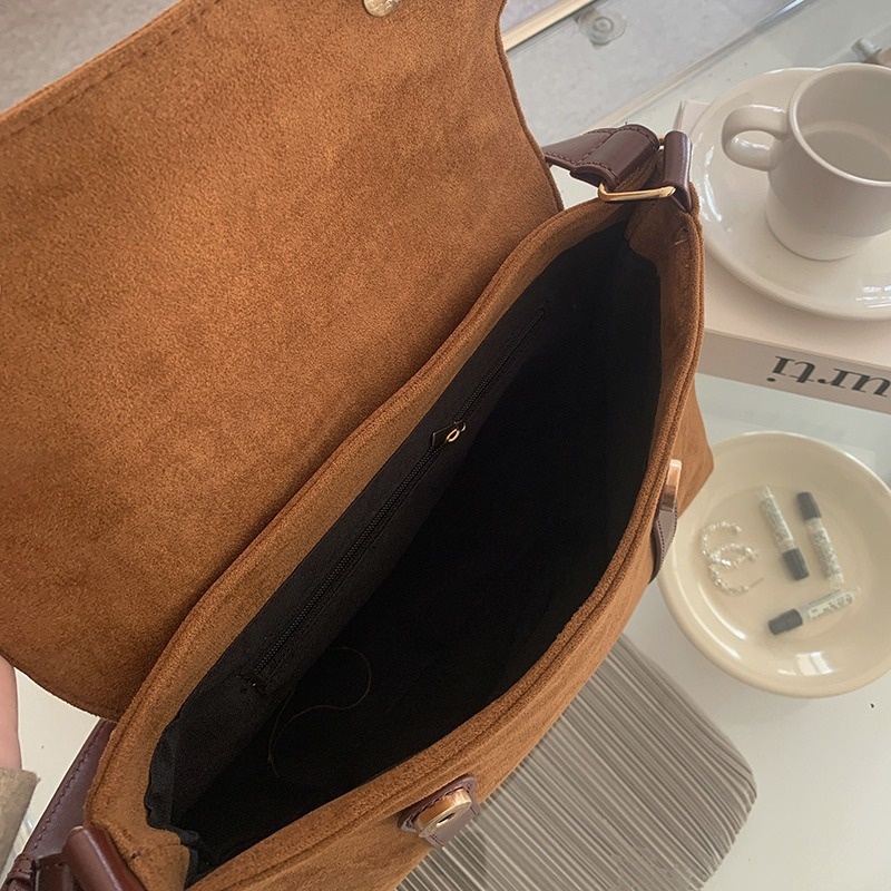 Vintage Suede-Look Buckle Crossbody Bag