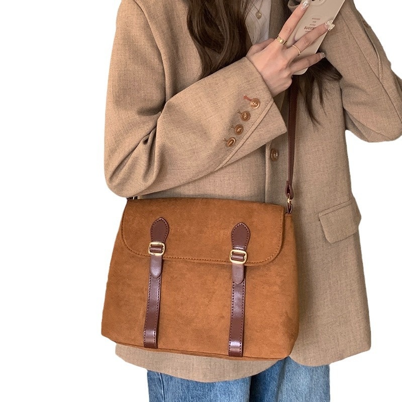 Vintage Suede-Look Buckle Crossbody Bag