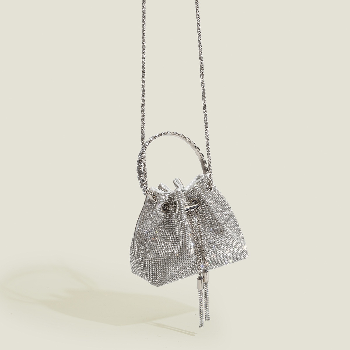 Silver Rhinestone Drawstring Mini Bucket Bag