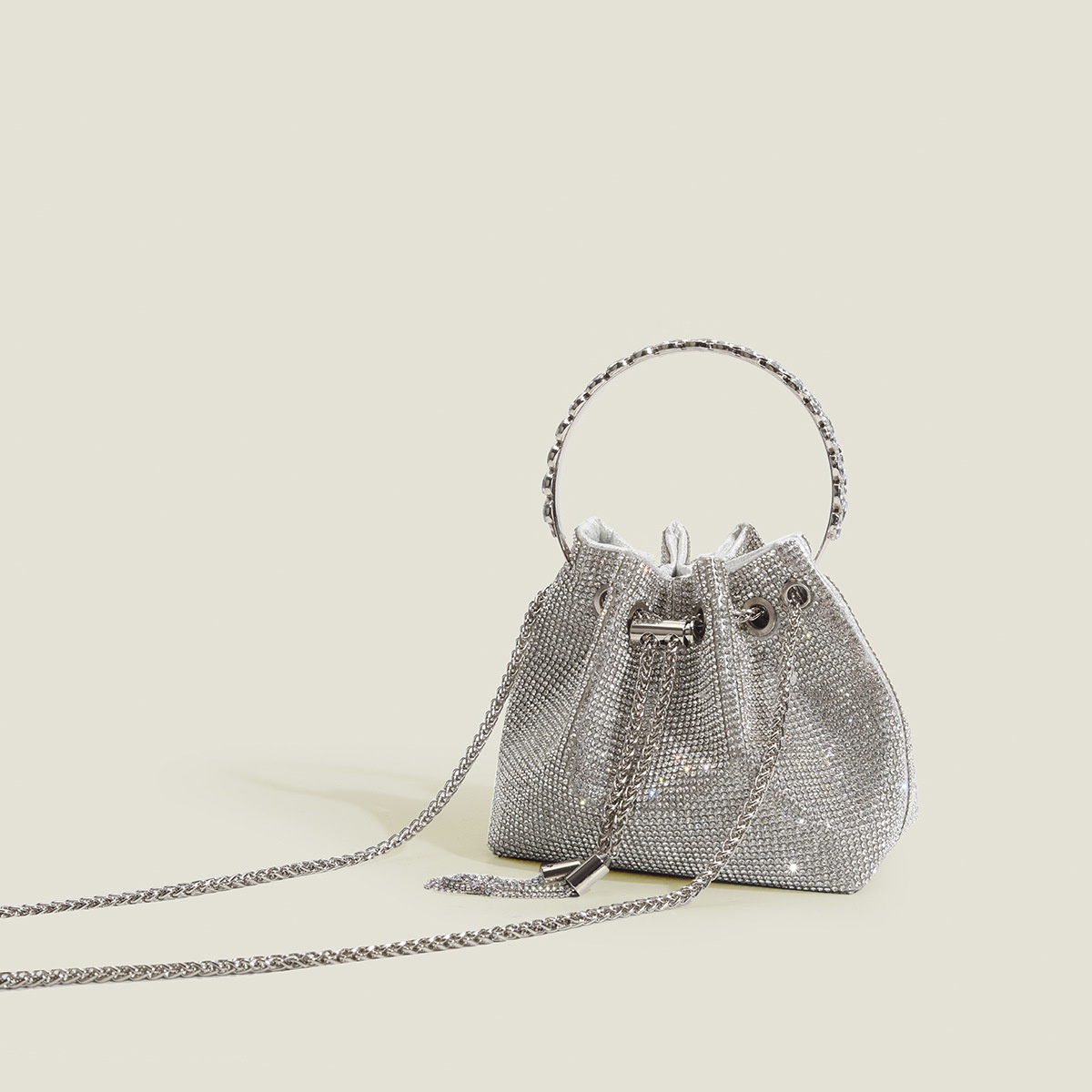 Silver Rhinestone Drawstring Mini Bucket Bag