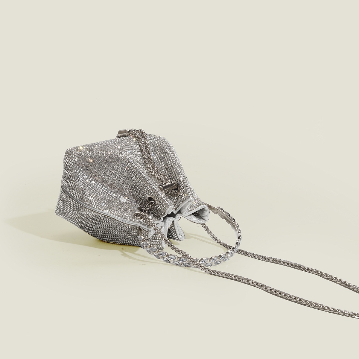 Silver Rhinestone Drawstring Mini Bucket Bag