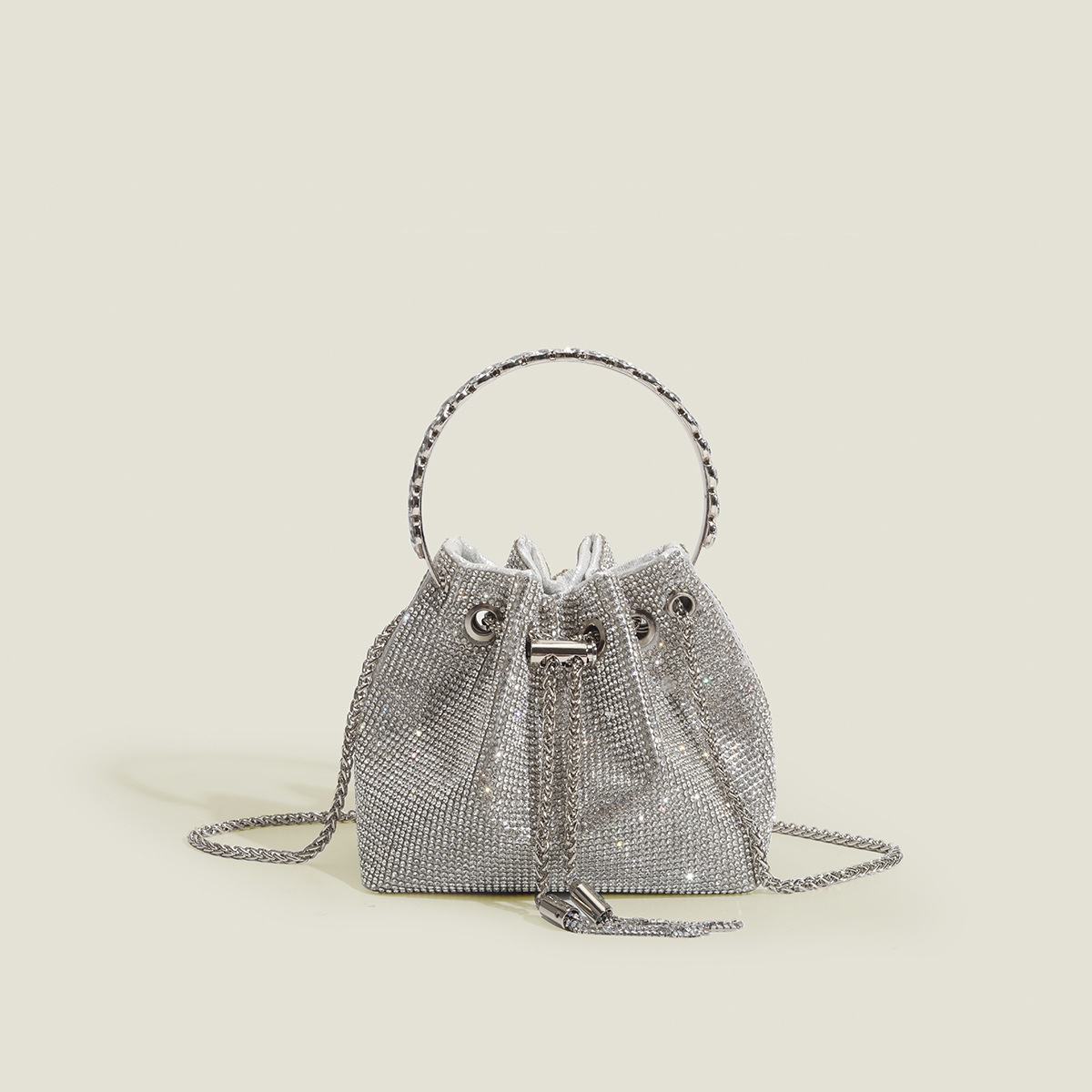 Silver Rhinestone Drawstring Mini Bucket Bag