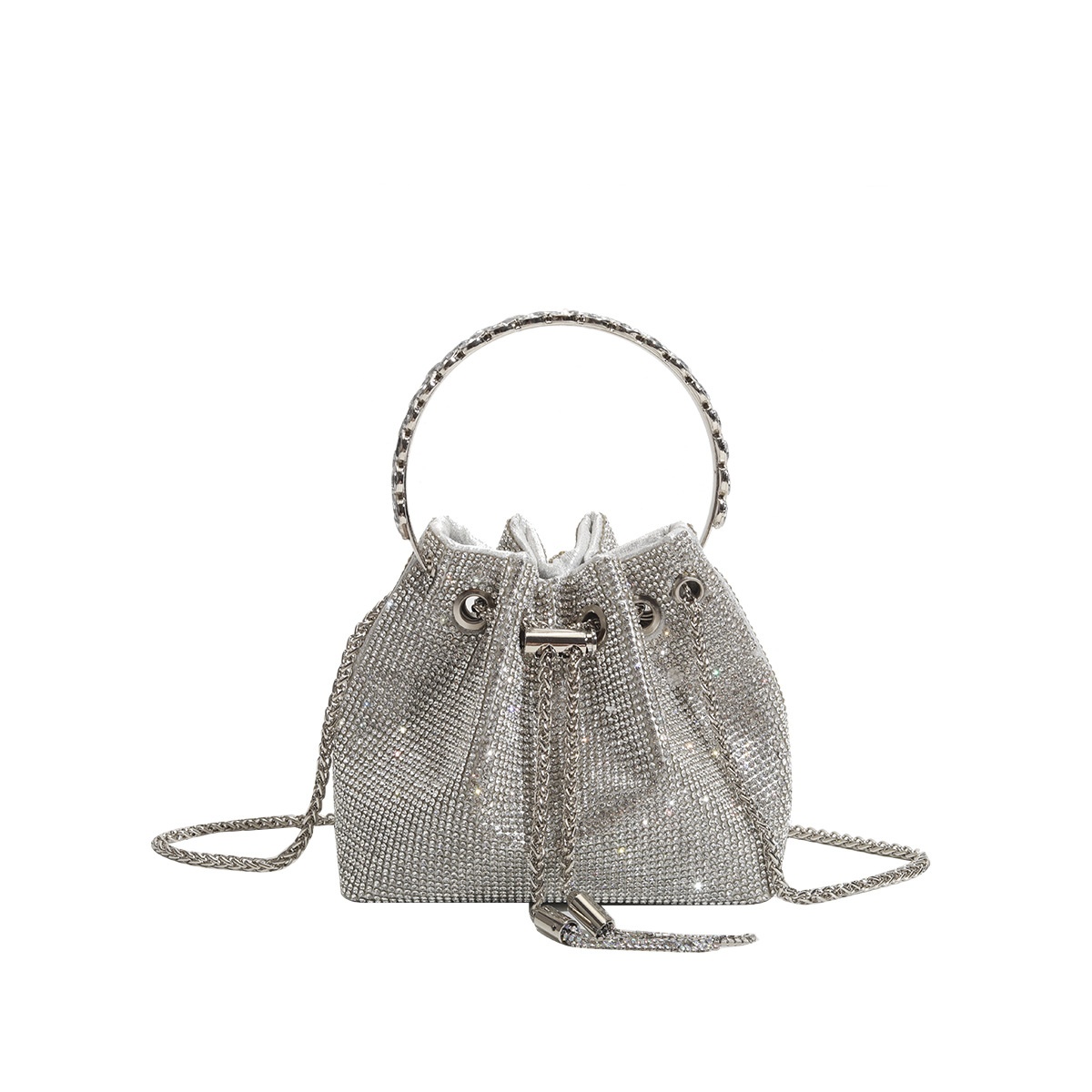 Silver Rhinestone Drawstring Mini Bucket Bag