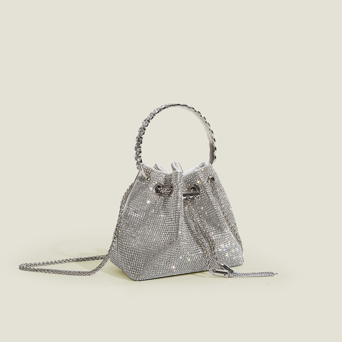 Silver Rhinestone Drawstring Mini Bucket Bag