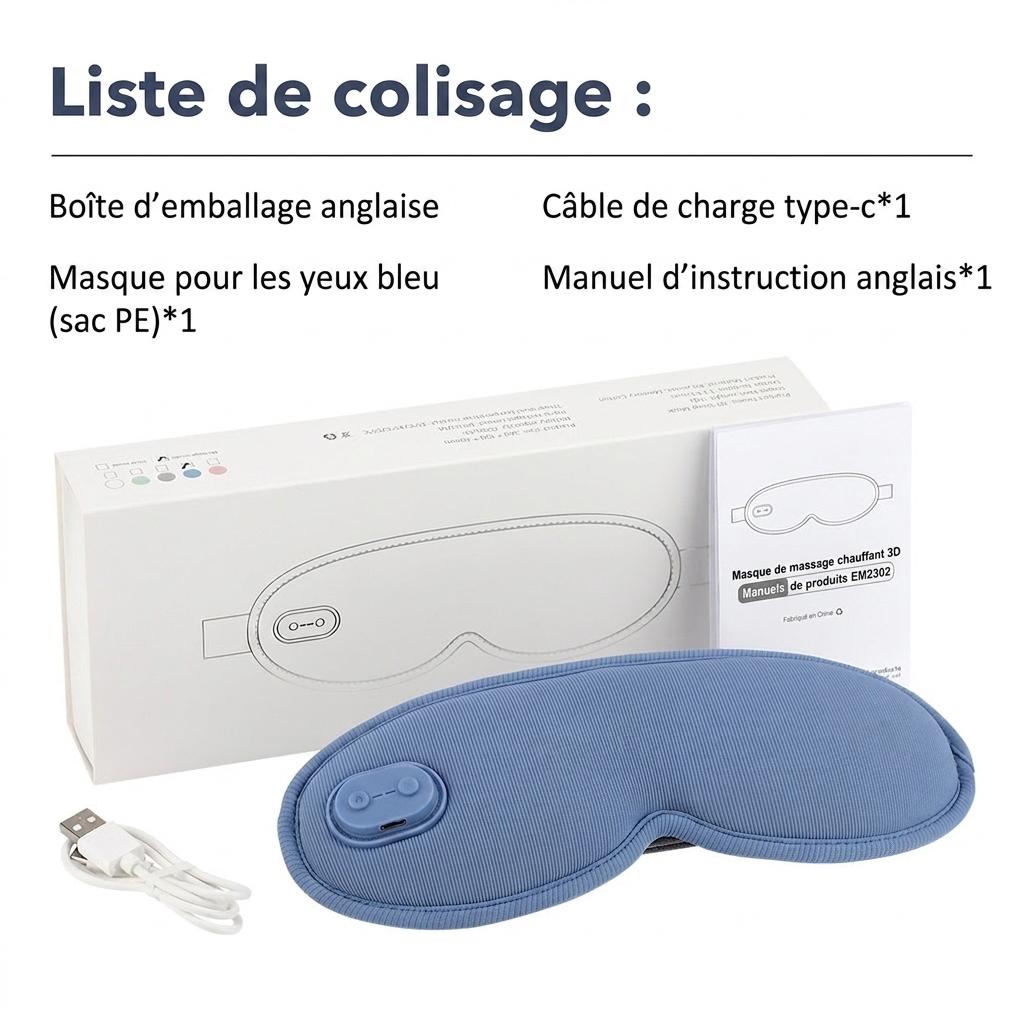 Masque pour les yeux chauffant 3D avec massage par vibrations et aide au sommeil