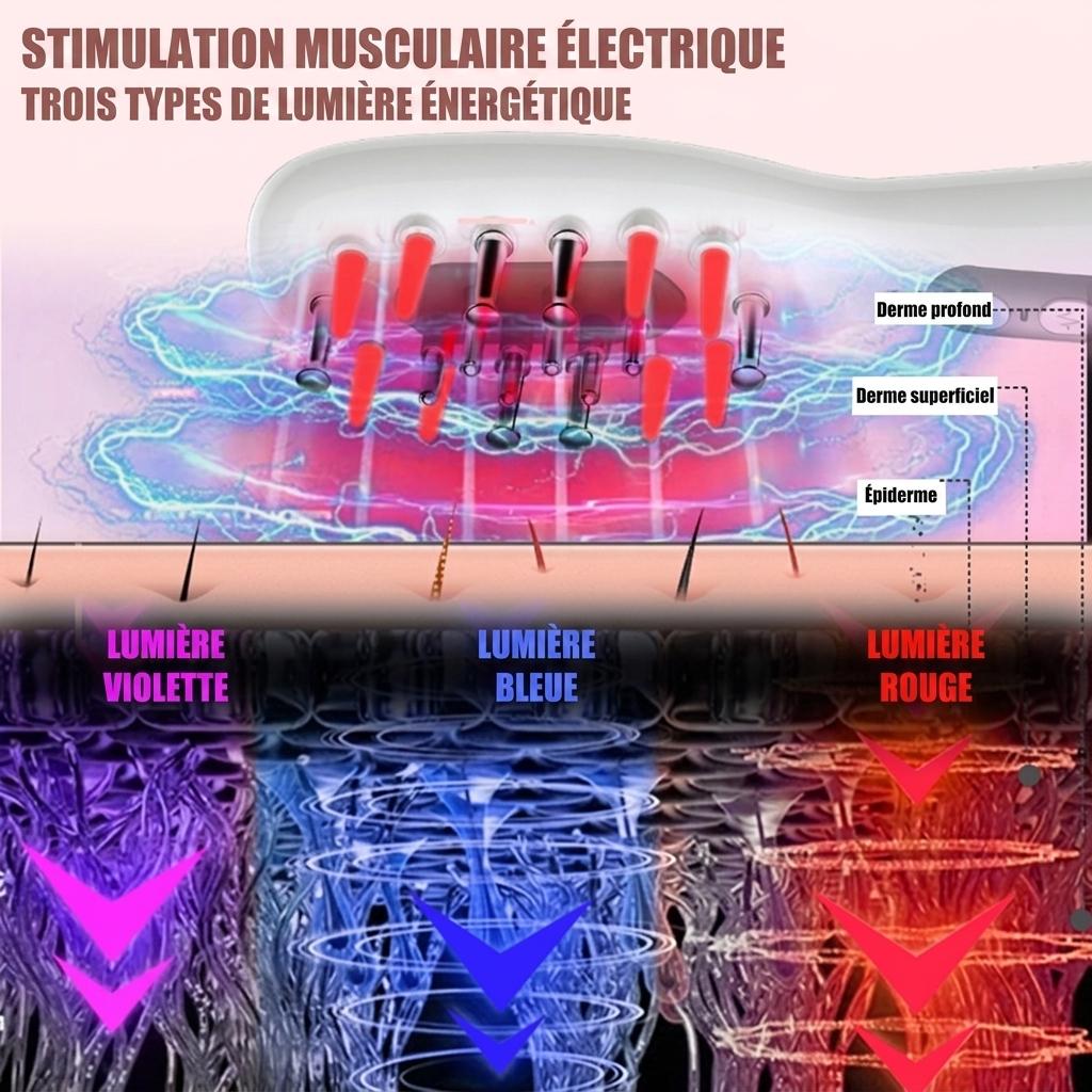 Peigne de massage électrique pour le cuir chevelu avec lumière rouge et électrostimulation.