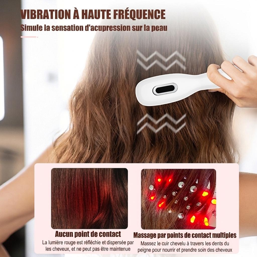 Peigne de massage électrique pour le cuir chevelu avec lumière rouge et électrostimulation.