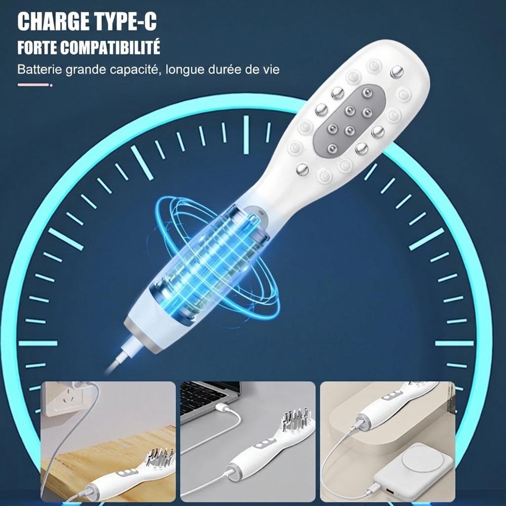 Peigne de massage électrique pour le cuir chevelu avec lumière rouge et électrostimulation.