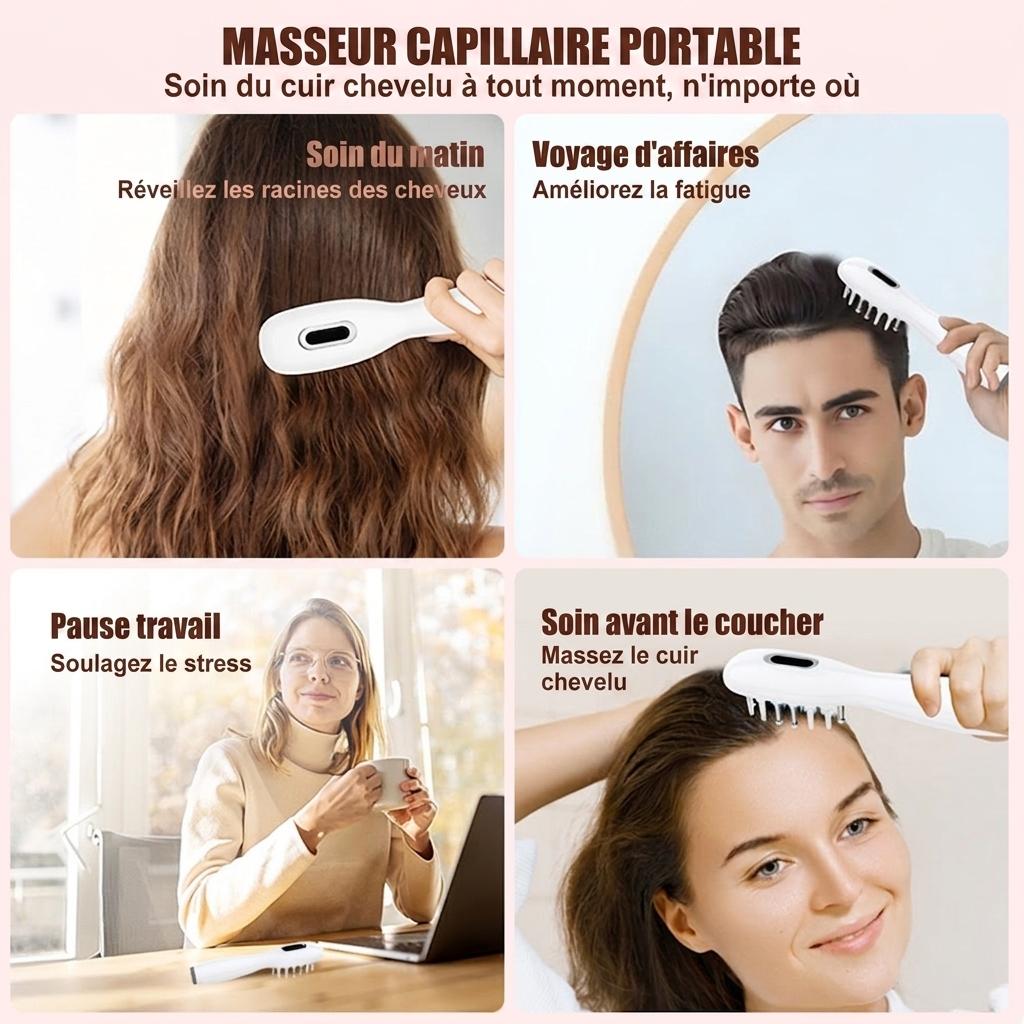 Peigne de massage électrique pour le cuir chevelu avec lumière rouge et électrostimulation.