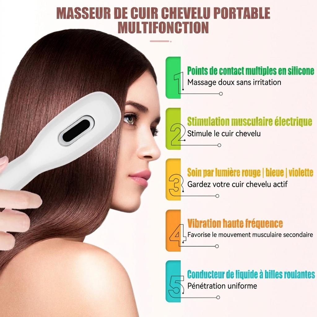 Peigne de massage électrique pour le cuir chevelu avec lumière rouge et électrostimulation.