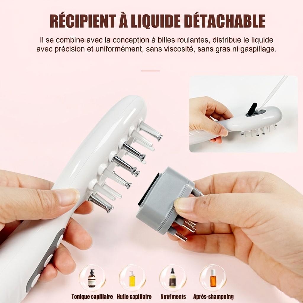 Peigne de massage électrique pour le cuir chevelu avec lumière rouge et électrostimulation.