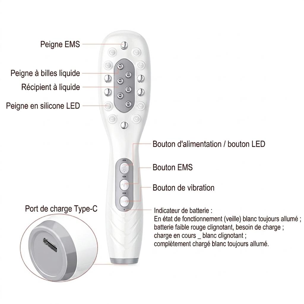 Peigne de massage électrique pour le cuir chevelu avec lumière rouge et électrostimulation.