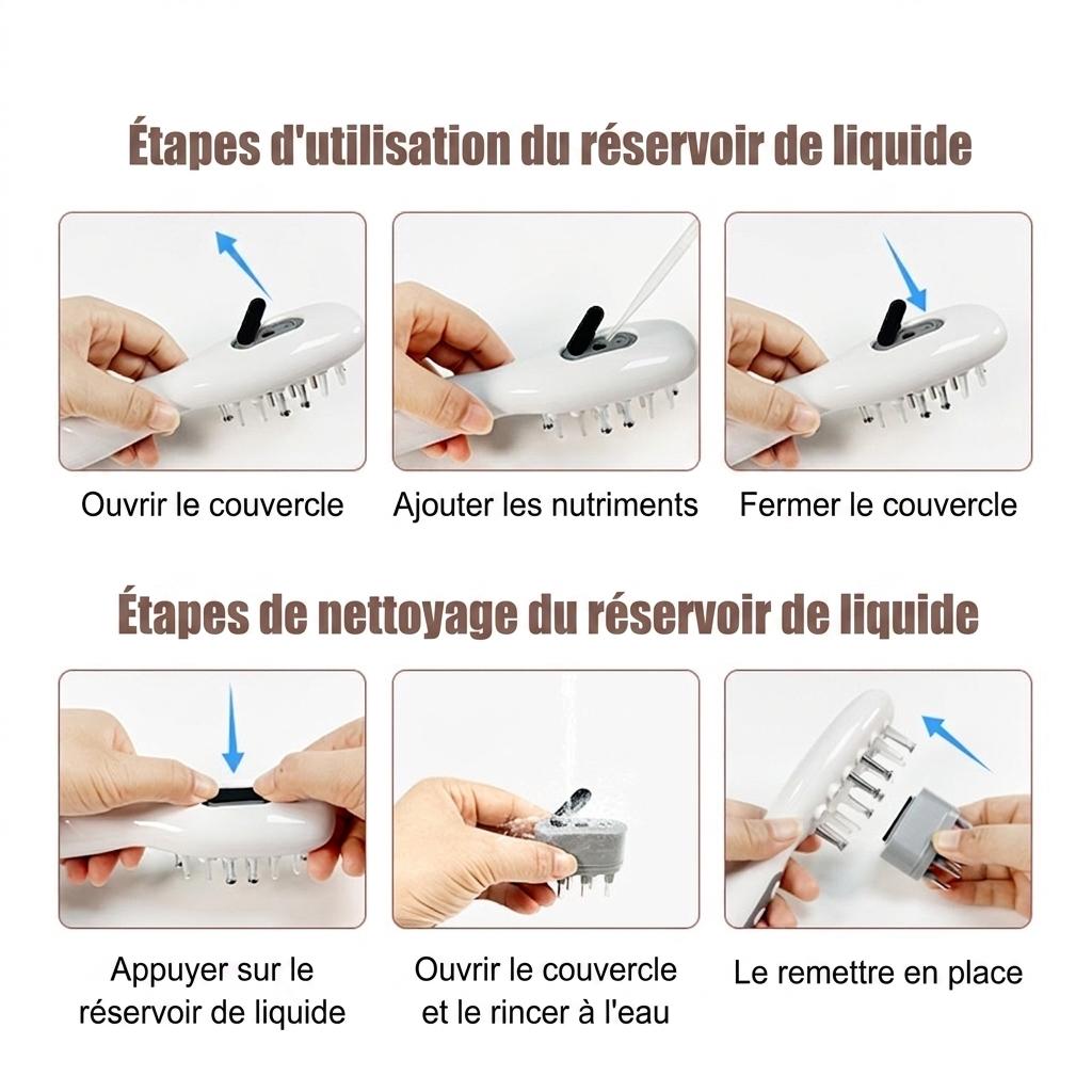 Peigne de massage électrique pour le cuir chevelu avec lumière rouge et électrostimulation.