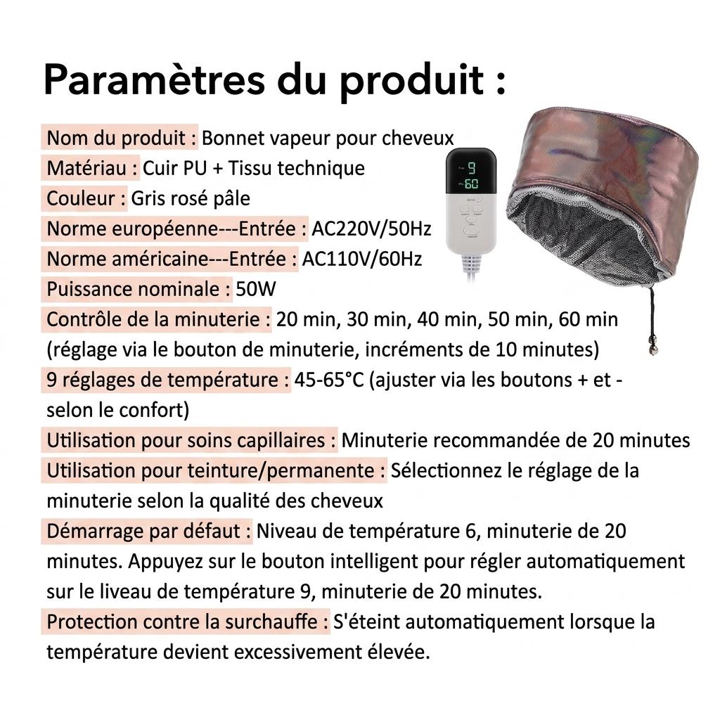 Bonnet vapeur pour soins capillaires en profondeur et traitement thermique
