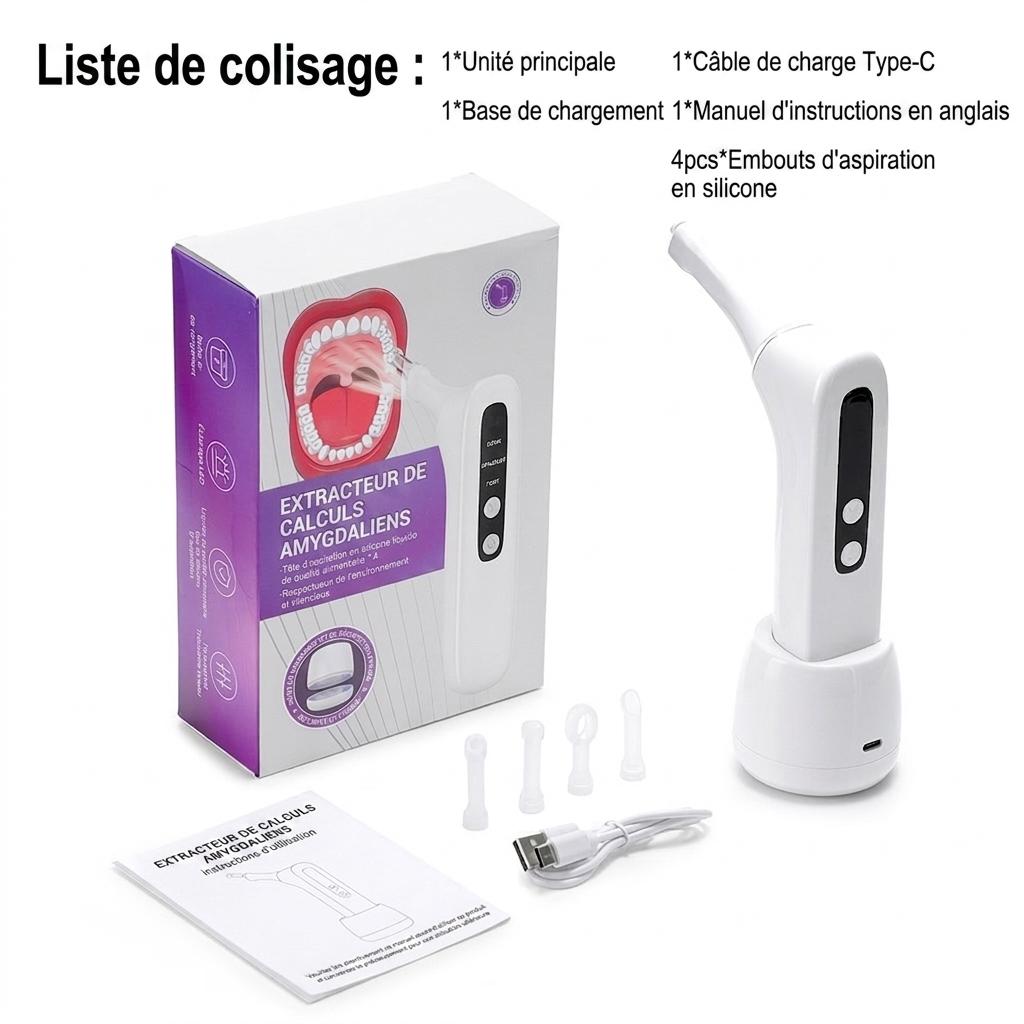 Extracteur de calculs amygdaliens avec lumière LED et aspiration