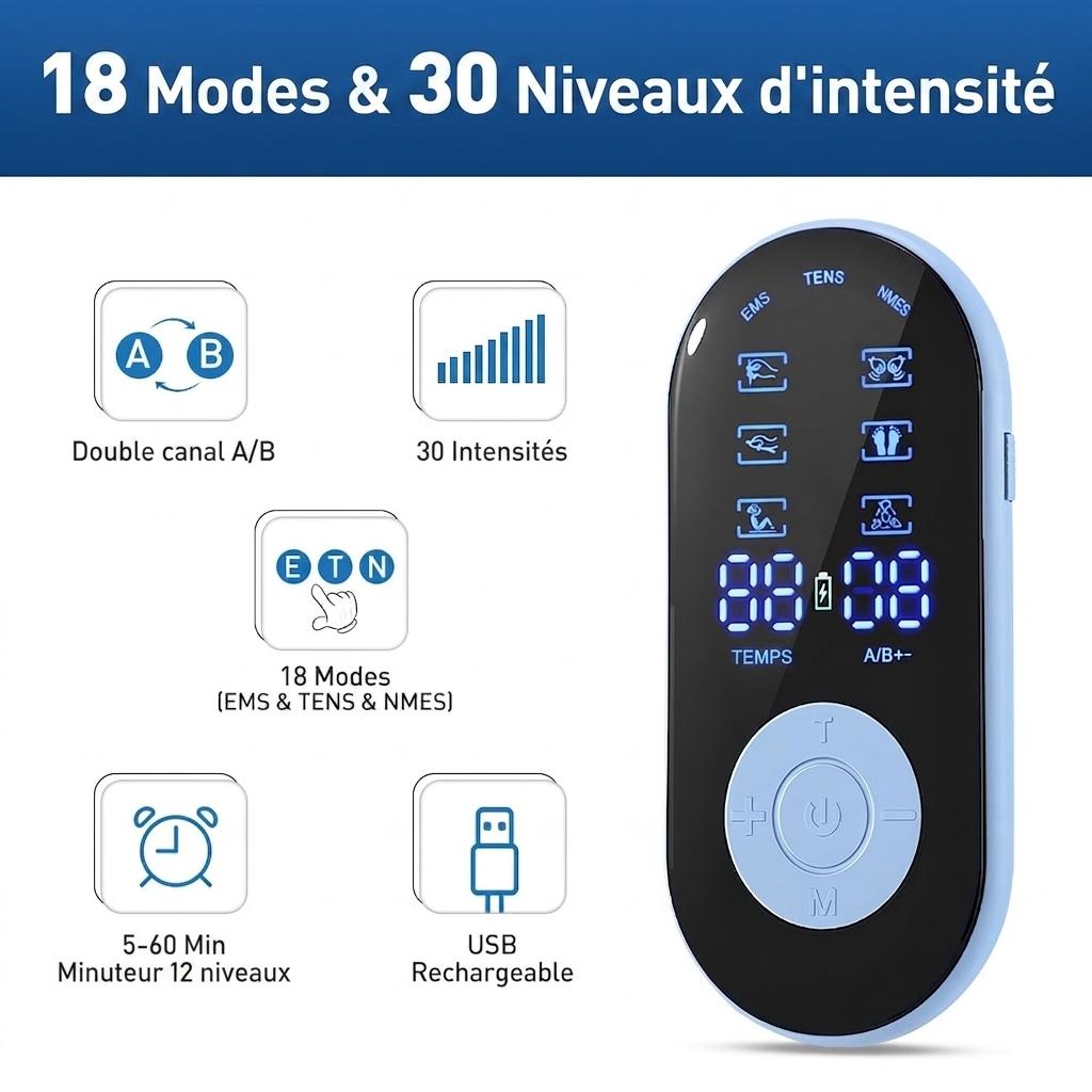 Stimulateur musculaire TENS, EMS et NMES - Appareil de soulagement de la douleur et de massage