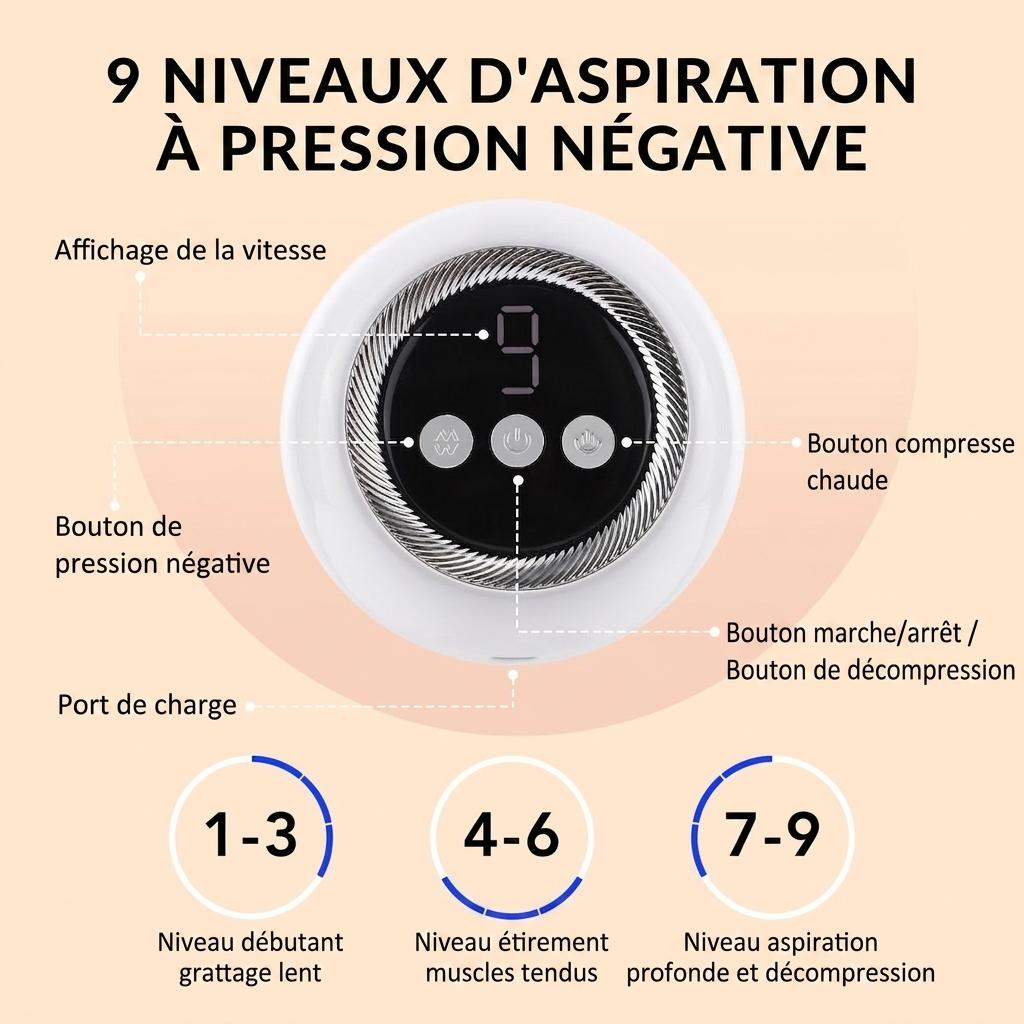 Appareil de ventouses et de Gua Sha intelligent 4 en 1 avec thérapie par la lumière rouge