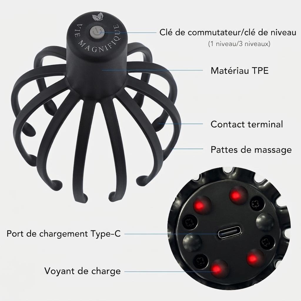 Appareil de massage électrique pour la tête - 12 bras 3D pour une relaxation profonde