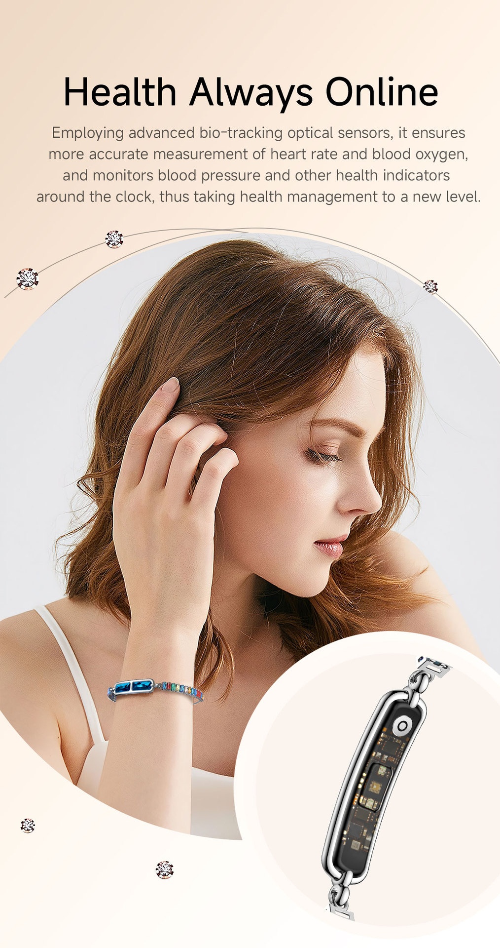 Elegante braccialetto intelligente per il monitoraggio dell'attività fisica e della salute.