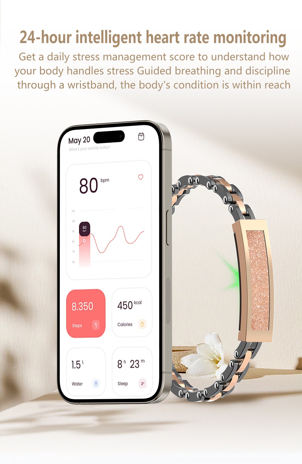 Elegante braccialetto intelligente per il monitoraggio dell'attività fisica - Frequenza cardiaca e sonno
