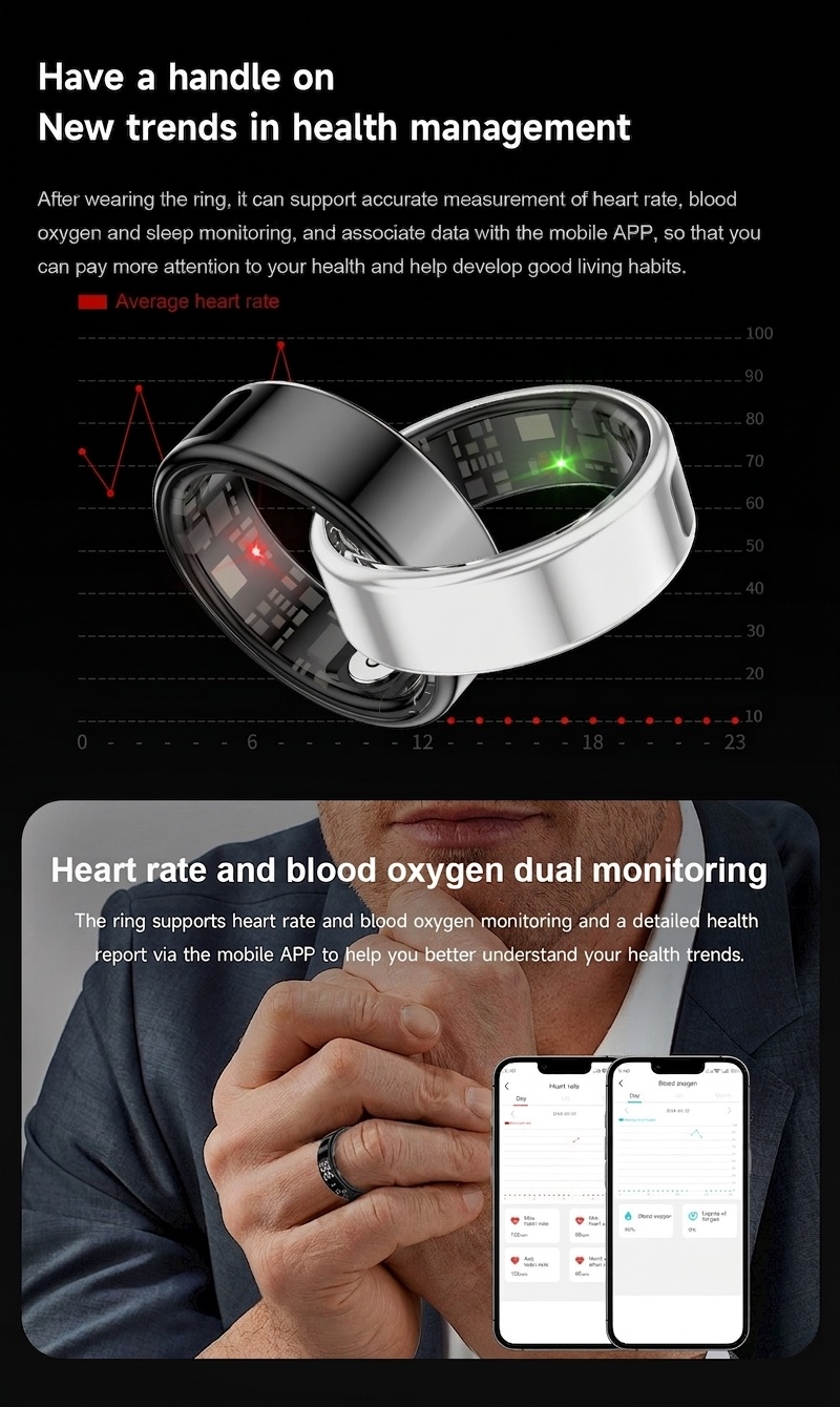 Anello intelligente per il monitoraggio della salute con display | Monitoraggio del sonno e della frequenza cardiaca