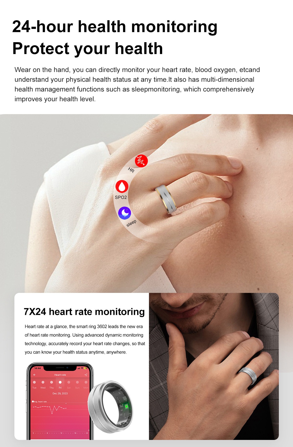 Anello intelligente per il monitoraggio della salute: sonno, frequenza cardiaca, saturazione di ossigeno, attività e altro ancora.