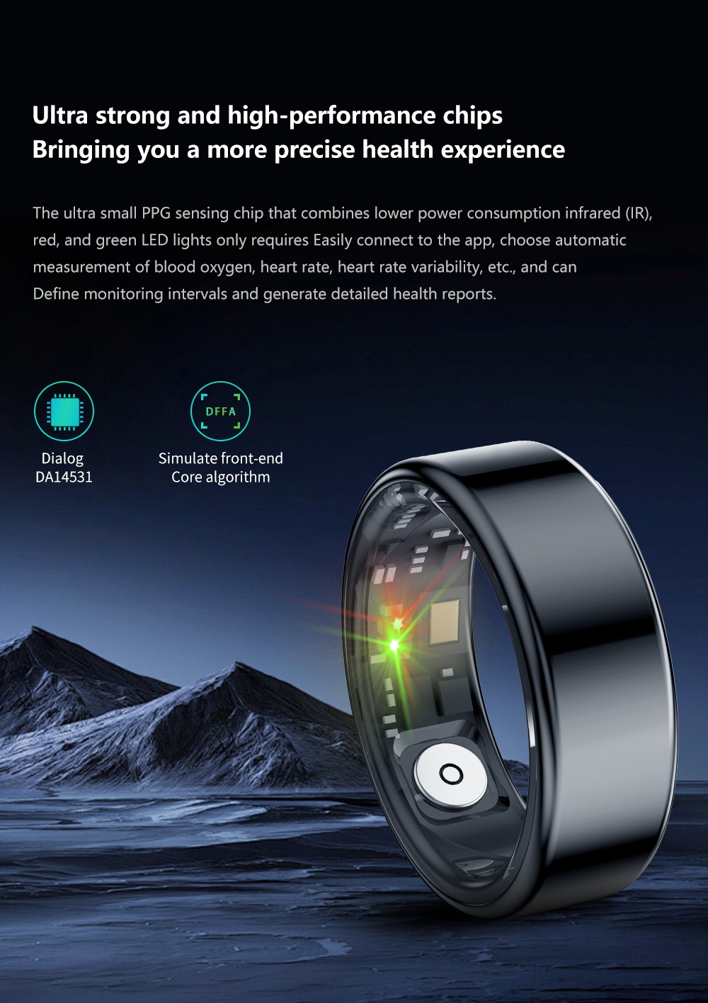 Anello intelligente per il monitoraggio della salute: monitoraggio del sonno, della frequenza cardiaca, della saturazione di ossigeno (SpO2) e dell'attività fisica.