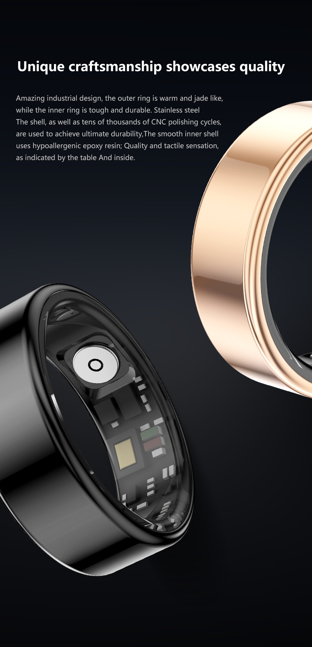 Anello intelligente per il monitoraggio della salute: monitoraggio del sonno, della frequenza cardiaca, della saturazione di ossigeno (SpO2) e dell'attività fisica.