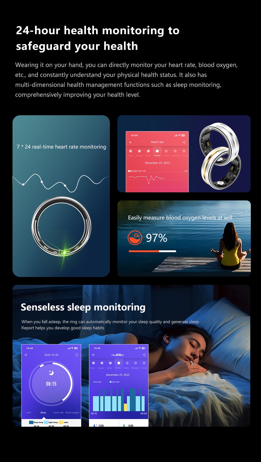 Anello intelligente per il monitoraggio della salute: monitoraggio del sonno, della frequenza cardiaca, della saturazione di ossigeno (SpO2) e dell'attività fisica.