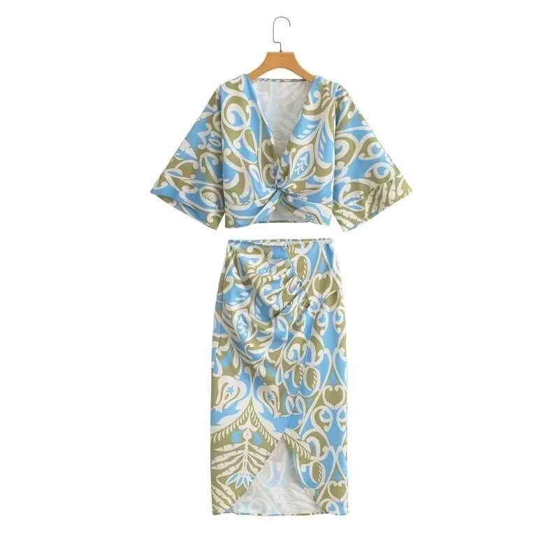 Conjunto de top y falda con estampado floral para mujer - Estilo europeo KUN-00001