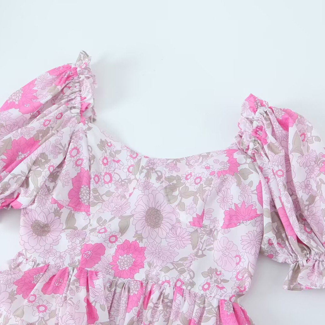 Vestido midi con mangas abullonadas y estampado floral rosa KUN-00026