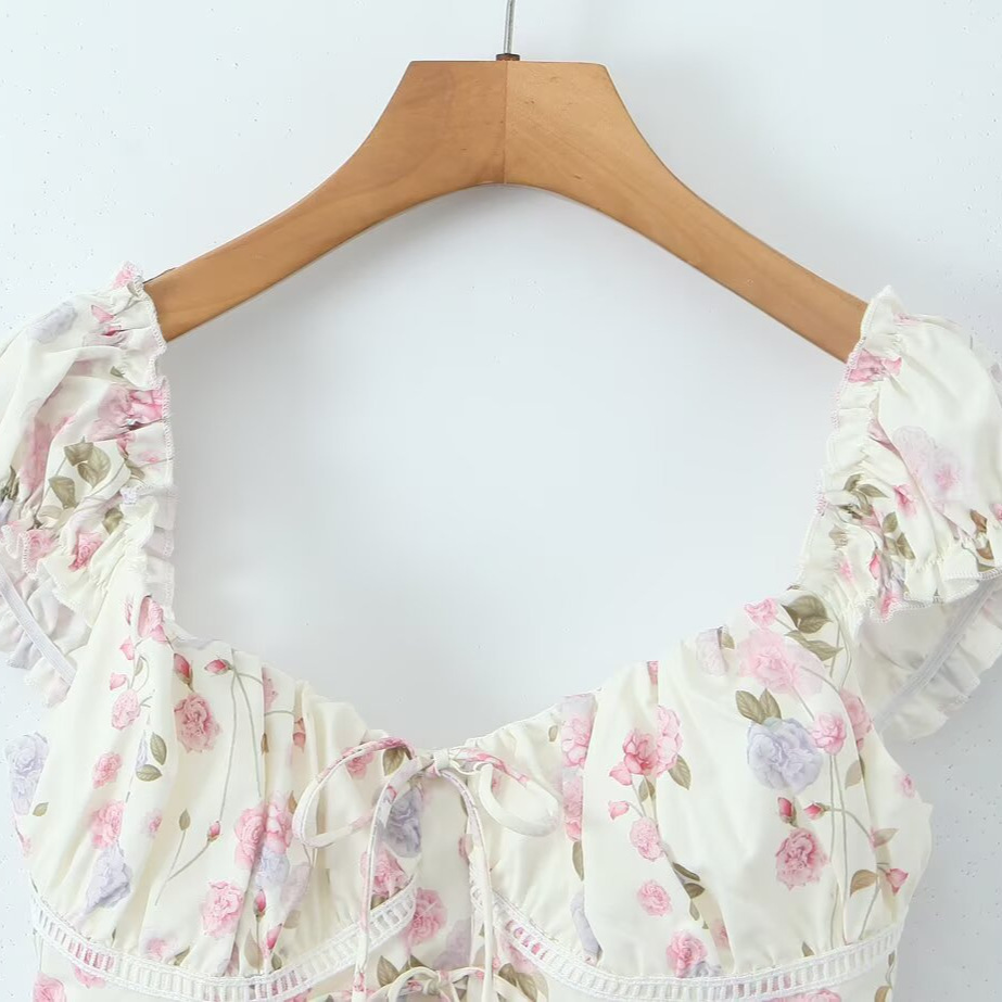 Floral Print Tie-Front Top - Vintage French Style KUN-00037
