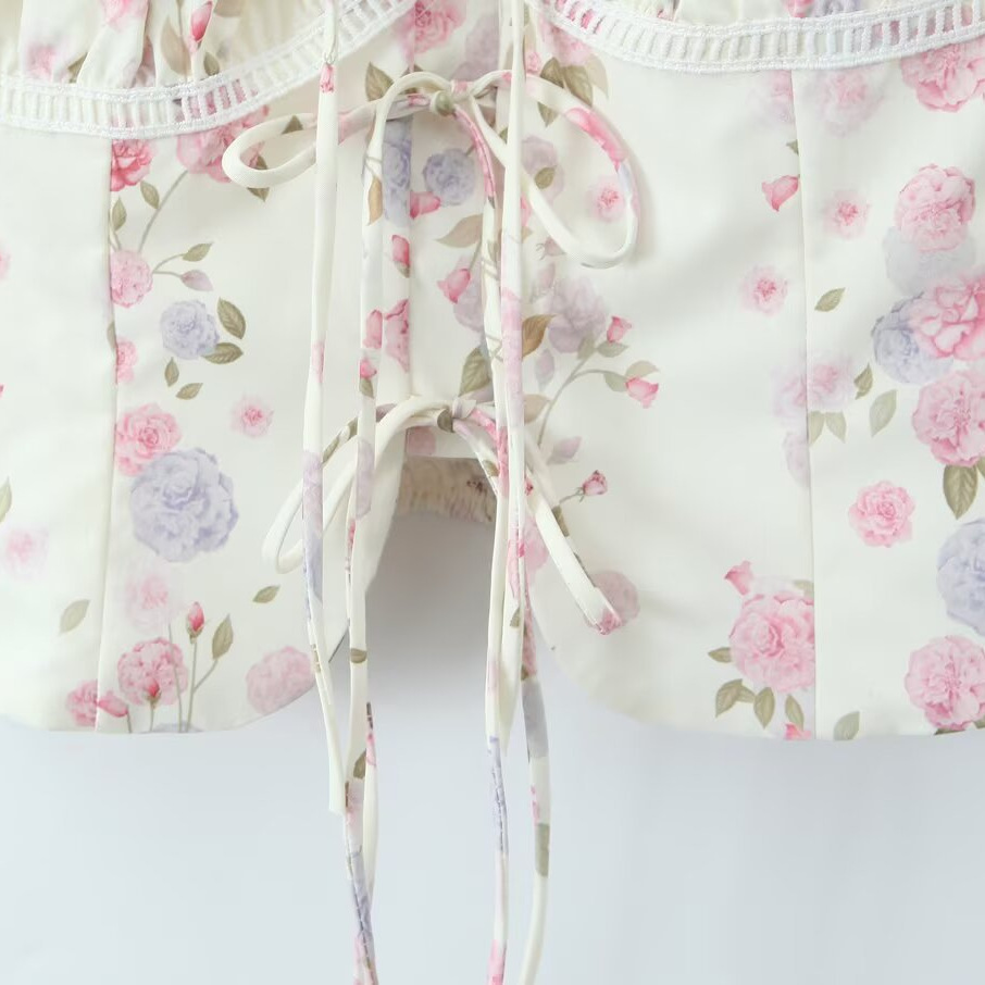 Floral Print Tie-Front Top - Vintage French Style KUN-00037