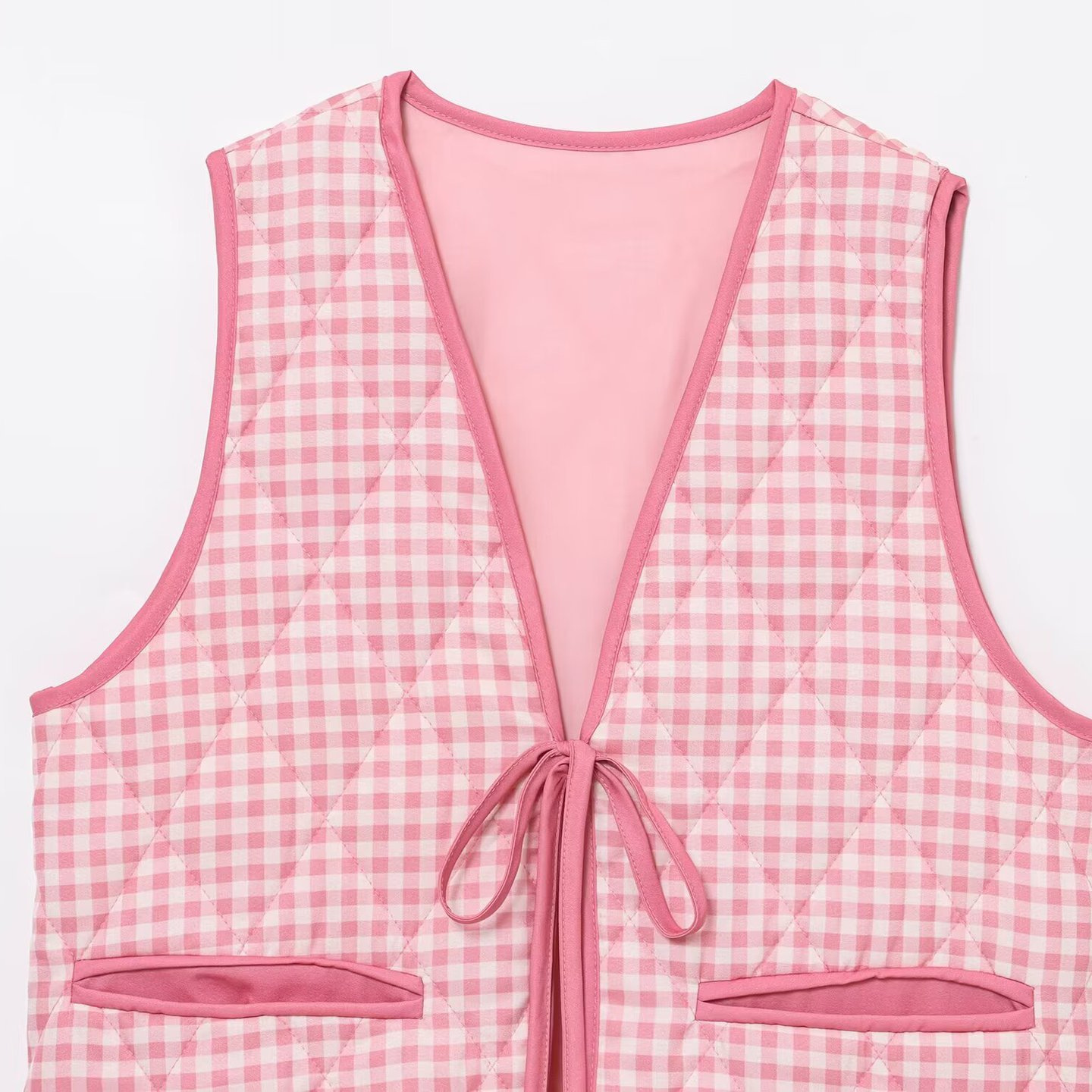 Chaleco a cuadros para mujer con bolsillos con cordón KUN-00005