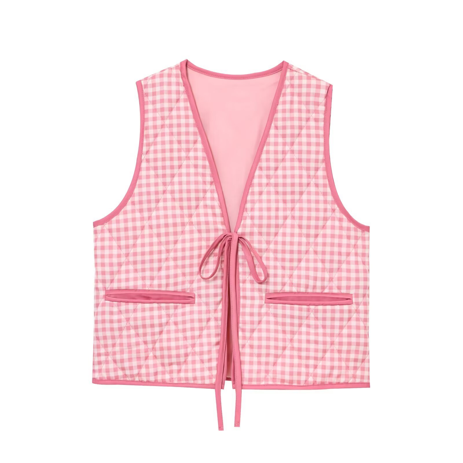 Chaleco a cuadros para mujer con bolsillos con cordón KUN-00005