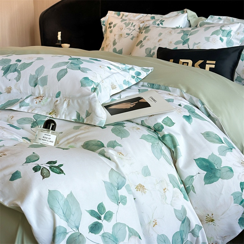 Premium Cotton Floral Print 4-Piece Bedding Set - Soft Botanical Duvet Cover